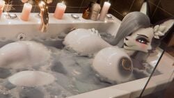 3d_(artwork) anthro areola bathtub biped blush breasts candle canid canid_demon canine demon detailed_background digital_media_(artwork) eyelashes female furry hellaverse hellhound helluva_boss hi_res inside lit_candle loona_(dogzeela) loona_(helluva_boss) mammal mythological_canine mythological_creature mythology nipple_piercing nipples partially_submerged piercing pupils red_sclera rinny smile solo thick_thighs water