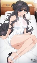 1girl, 4k 8k acrylic ai_generated anatomy, and anime beautiful black blue body body, bra, breasts, bright buttocks, content, detailed detailed, down, dress, explicit expressive eyes, face, feet feet, female, front full full-body futon, glossy hair hair, hairband, happy heel high high-quality hotel indoors, intakes, kaoru_hana_wa_rin_to_saku legs legs, light lights, long lying makeup, manicure, masterpiece, mature medium mini no nsfw, painting, panties, pedicure, perfect position, pubic quality, raised, resolution, room, sandals, screencap, shape, sidelocks, sitting skin, soft swimsuit swimsuit, tied tight toenails, toes, transparent very view, visible waguri_kaoruko wavy