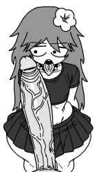sewerslvt sewerslvt_(artist) jvne_(sewerslvt) music_(culture) traced white_skin shirt black_shirt belt spiked_collar long_hair flat_chest shortstack thick_thighs thighs skirt 1girls looking_at_penis long_penis penis penis_out veiny_penis excited tongue tongue_out