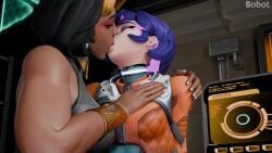 2girls 3d animated bobot clothed clothing dark-skinned_female dark_skin domina female female_focus female_only french_kiss juno_(overwatch) kissing lesbian_kiss loop medium_hair no_sound overwatch pale-skinned_female pale_skin passionate_kiss pink_hair purple_hair red_eyes saliva_trail short_hair spit_trail tongue tongue_kiss two-tone_hair video yuri