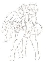 anthro anthrofied bulge chocolate_chips_(oc) closed_eyes clothing denzeltip duo earth_pony equine fan_character female flower freckles friendship_is_magic hair hair_flower hand_on_butt hi_res horse kissing male mammal monochrome my_little_pony panties pegasus plant pony rear_view short_hair spitfire_(mlp) standing straight tongue tongue_out underwear wings wonderbolts_(mlp)