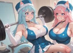 breasts blush smile open_mouth bangs blue_eyes skirt hat hair_ornament thighhighs shirt dress bow cleavage animal_ears holding bare_shoulders sitting standing collarbone hair_ribbon tail pink_hair hair_bow upper_body pleated_skirt sidelocks parted_lips sleeveless elbow_gloves choker penis hairclip fang belt cat_ears white_gloves miniskirt sweatdrop huge_breasts covered_nipples looking_at_another collar from_side blue_skirt cat_tail v-shaped_eyebrows shiny_skin one-piece_swimsuit fur_trim hands_up animal_ear_fluff sleeveless_shirt skindentation beret fangs blue_bow black_choker x_hair_ornament erection testicles blue_shirt angry cat_girl shiny_clothes blue_headwear futanari veins high-waist_skirt wide-eyed veiny_penis large_penis bathroom bursting_breasts huge_penis fur-trimmed_headwear belt_collar ai_art ai_generated catgirl dickgirl futa character:koneko artist:konekofuta large_breasts taut_clothes full-face_blush eyelashes eyeshadow lips ear_fluff slim_waist slim skinny skinny_futa detailed_background lighting detailed absurdres cosplay juvia_lockser