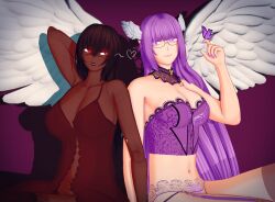2girls babydoll_lingerie butterfly dark-skinned_female duo facial_scar fangs female female_only glasses glowing_eyes glowing_tattoo head_wings koikatsu lingerie original_character pinup pubic_tattoo purple_eyes purple_hair red_eyes si1lver smile tattoo wings