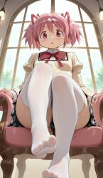 madoka_kaname mahou_shoujo_madoka_magica puella_magi_madoka_magica kaname_madoka feet_focus feet_fetish looking_at_viewer looking_down low-angle_view pink_hair ai_generated sitting_on_chair thick_thighs thick_ass school_uniform schoolgirl curious innocent thighhighs big_ass big_butt blush