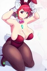 1girls ass benbeau breasts bunny_ears bunnysuit busty cleavage curvy female female_only fishnet_pantyhose fishnets high_heels huge_breasts kneeling large_breasts looking_at_viewer pantyhose pyra red_eyes red_hair solo sweat sweaty thick_thighs thighs xenoblade_(series)