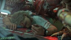 1boy 1girls 3d absurd_res after_rape after_sex ambiguous_penetration anal anal_sex bandage blonde_female blonde_hair blood_on_face blood_on_floor blood_splatter bloody bullet corpse death deathrayfever defeated defeated_heroine dirty dirty_clothing female_death fucked_from_behind fucked_silly grace_ashcroft gun licker_(resident_evil) lying_on_stomach monster monster_on_female necrophilia pants_down piercing pinned_down pistol prone_bone rape raped_by_enemy raped_by_monster raped_female reloading resident_evil_9:_requiem revolver snuff straight sweat trauma violent_rape watch white_clothing white_shirt