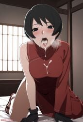 1girls ai-created ai_generated apartment areolae arm_support bangs bed bed_sheet bedroom black_eyes black_hair blush boruto:_naruto_next_generations breasts bubbleteexl clavicle chinese_dress cum cum_inside cum_in_mouth clothing facing_viewer female female_only front_view full_body genital_fluids glovrs high_resolution indoors dress kurotsuchi large_breasts lips looking_at_viewer lying mature mature_female narrowed_eyes naruto naruto_(series) on_bed sandals short_hair open_mouth solo steam steaming_body steamy_breath sweat sweatdrop sweating sweating_profusely sweaty_body thighs uncensored wariza wet wet_body wet_skin