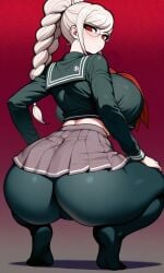 pekoyama_peko danganronpa danganronpa_2:_goodbye_despair ai_generated silver_hair braid braided_hair red_eyes school_uniform serafuku short_skirt huge_breasts huge_ass dumptruck_ass plump_ass plump_breasts squatting pantyhose wide_hips thick_thighs back_view looking_back clothed glasses expressionless