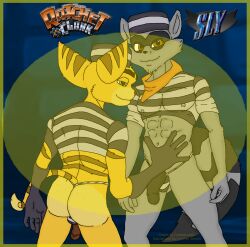 2014 2boys 5_fingers abs alternate_costume anthro ass brown_eyes bulge cheesecaked criminal crossover flaccid game_logo gay green_eyes logo male male_only nipples nipples_visible_through_clothing official_alternate_costume penis raccoon ratchet_(ratchet_and_clank) ratchet_and_clank side_view sly_cooper sly_cooper_(series) tail thong video_games yaoi
