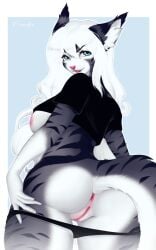 anthro anus areola bambolbi black_clothing black_crop_top black_eyebrows black_panties black_shirt black_topwear black_underwear blue_eyes breasts butt clitoris clothed clothing colored crop_top digital_drawing_(artwork) digital_media_(artwork) domestic_cat eyebrows eyelashes fangs felid feline felis female female_only fingers fur genitals grey_body grey_fur hair hair_between_eyes hi_res inner_ear_fluff long_hair looking_at_viewer looking_back looking_back_at_viewer mammal open_mouth panties panties_down pantsless partially_clothed pink_anus pink_areola pink_nose portrait presenting presenting_hindquarters rear_view shaded shirt simple_background smile solo striped_body striped_fur stripes tail teeth three-quarter_portrait topwear tuft underwear underwear_down vulva white_body white_fur white_hair