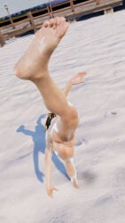 tekken tekken_8 ling_xiaoyu black_hair ponytail ponytail_female female female_focus high_angle high_angle_view high_angle_pose angle_view asian asian_female breasts pussy wet sweat hairless_pussy vagina feet leg_up legs_spread legs shiny_skin mod 3d pinup somalistreetlizard chinese_female beach outdoors outside beach_background