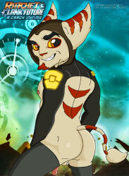 ratchet_and_clank cheesecaked video_games gay yaoi anthro alister_azimuth male male_only 2018 game_logo logo ass balls flaccid penis tail yellow_sclera grin 1boy solo nipples hoodie