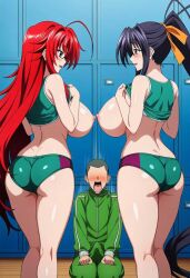 high_school_dxd matsuda_(high_school_dxd) ai_generated akeno_himejima rias_gremory breasts_out gym_uniform bloomers 2girls 1boy bald surprised ass topless locker_room