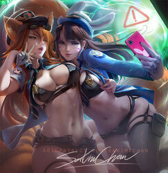 2girls ahri alternate_costume animal_ears asian big_breasts bra breasts cleavage clothing cosplay crossover d.va disney duo female female_only judy_hopps_(cosplay) large_breasts league_of_legends nick_wilde_(cosplay) officer_ahri overwatch panties police_officer_d.va sakimichan stockings thighhighs yuri zootopia