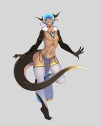 2018 animal_humanoid big_penis blue_hair closed_eyes clothed clothing dragon_humanoid ear_piercing gem grin hair half-erect horn humanoid loincloth male male_only navel nipples on_one_leg penis piercing pointy_ears sharp_teeth simple_background skimpy smile solo solo_male standing teeth topless translucent transparent_clothing uncut urw vali