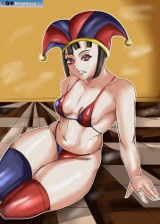 1girls :3 armpits arms_behind_head bikini black_hair breasts character_sheet full_body gloves kurodeuzu medium_breasts multicolored_eyes navel pomni pomni_(the_amazing_digital_circus) side-tie_bikini solo strip_game the_amazing_digital_circus voluptuous_female white_background zoom_layer
