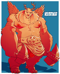 1boy balls belt border clothed clothing dogfu facial_hair feathered_wings feathers flaccid goatee hammer hi_res horn humanoid ineffective_clothing long_ears looking_at_viewer male male_only monster penis simple_background solo thick_penis tools topless vein veiny_penis wings wolpertinger