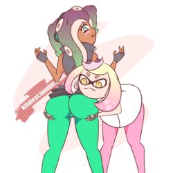 2girls :3 animated animated_gif ass ass_grab bent_over big_ass blush bubble_butt cameltoe chocolate_and_vanilla clothed clothing dark-skinned_female dark_skin dat_ass female_face_near_ass fingerless_gloves fully_clothed gif humanoid inkling kilalesi leggings light_skin loop marina_(splatoon) multiple_girls nintendo octoling open_mouth pale_skin pearl_(splatoon) rear_view smile splatoon splatoon_2 spread_pussy spreading star_eyes white_skin