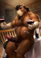 2023 alcohol anthro arm_hair balls belly beverage biceps big_penis black_hair body_hair brown_eyes chair chest_hair container cup deltoids drawller drinking_glass erection forearms furniture genitals glass grin hair hairy_forearms happy_trail head_tilt hi_res horse humanoid_genitalia humanoid_penis inside long_hair looking_at_viewer male mammal manly musclegut navel nipples nude offering_to_viewer on_table pecs penis pubes sitting slightly_chubby smile solo table tablecloth triceps vein veiny_penis wine wine_bottle wine_cellar wine_glass