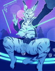 anthro big_breasts breasts club_(disambiguation) digital_media_(artwork) fat_tat_cat_(ready_player_one) feline feline female fur futuristic laser looking_at_viewer mammal nipples nude open_mouth pussy queen_of_cats ready_player_one science_fiction selfie smile stripes thick_thighs tongue