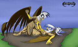 2014 anthro anthro_on_anthro areola avian beak big_breasts breast_fondling breast_grab breasts corona_bluewing da_goddamn_batguy duo erect_nipples eye_contact fan_character feathered_wings feathers female fondling gryphon hand_on_breast mud mud_wrestling my_little_pony nipples nude pussy sex smile wings wrestling yuri