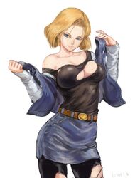 1girls android_18 beltskirt blonde_hair blue_eyes blue_skirt breasts cleavage clothed dragon_ball dragon_ball_z female female_only huge_breasts jean_skirt leaning mikanman pantyhose shirt short_hair shu-mai skirt smile solo standing text watermark