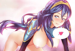 alternate_breast_size bent_over blue-senpai blue_eyes blue_hair blush breasts eliz-chan female fire_emblem fire_emblem_awakening gloves hanging_breasts heart large_breasts long_hair looking_at_viewer lucina_(fire_emblem) nintendo nipples nude puffy_areolae puffy_nipples smile solo speech_bubble spoken_heart tiara