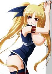 black_legwear blonde_hair blush breasts breasts_out fate_testarossa female hair_ornament hair_ribbon highres large_breasts looking_at_viewer lyrical_nanoha mahou_shoujo_lyrical_nanoha nipples no_bra red_eyes ribbon simple_background smile tappa_(esperanza) thighhighs twintails white_background