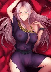 blush bondage breasts chains elf fire_emblem fire_emblem:_the_binding_blade functionally_nude green_eyes heterochromia idunn_(fire_emblem) large_breasts long_hair nipples on_back on_bed pointy_ears purple_hair red_eye red_eyes sash see-through