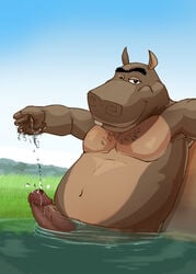 1boy body_hair chest_hair dripping erection fur grass hippopotamus madagascar_(series) male male_only mammal moto_moto multicolored_fur musclechub musclegut navel nipples one_eye_closed partially_submerged penis solo two_tone_fur unibrow water wink