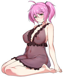 1girls ahoge areolae babydoll barefoot blush breasts clavicle cleavage covered_navel curvy erect_nipples erect_nipples_under_clothes feet female female_only full_body full_cleavage huge_breasts inverted_nipples kneeling lingerie looking_at_viewer navel no_bra no_panties nopan open_mouth philuffy_aingram pink_hair saijaku_muhai_no_bahamut see-through see-through_clothing see-through_top short_hair short_twintails simple_background sitting skirt solo tied_hair tomohiro_kai twintails underwear wariza white_background yellow_eyes