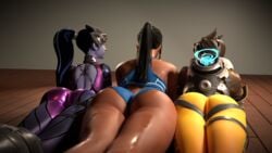 3d 3girls ass casualmuffin chronal_accelerator dark-skinned_female dark_skin dat_ass female female_only harness huge_ass human overwatch pharah tracer widowmaker