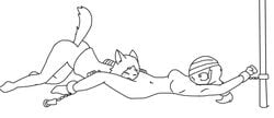 2girls amputee animated ass bandages bondage breasts chained cunnilingus female_only femdom femsub freckles licking lying monochrome mr._trouble navel noseless oral ponytail restrained rough_sketch scared short_hair sketch wolf_ears wolf_tail yuri