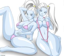 2girls angel angel_(dragon_ball) bikini blue_skin dragon_ball dragon_ball_super female female_only marcarita multiple_girls ponytail sisters twintails vados whentai white_hair