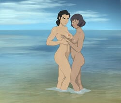 2girls anaxus avatar_the_last_airbender beach blush breasts chocolate_and_vanilla dark-skinned_female dark_skin earth_kingdom embarrassed female green_eyes holding_breast holding_hands interracial interracial_yuri kuvira light_brown_hair looking_at_viewer medium_breasts multiple_girls naked nickelodeon nipples ocean opal_bei_fong outdoors short_hair side_view small_breasts smiling standing the_legend_of_korra water yuri