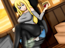 1girls asphyxiation ass ass_sniffing ass_worship assassination_classroom big_ass big_breasts black_hair blonde_hair blue_eyes breasts butt_sniffing cushion drinking face_in_ass facesitting fart fart_cloud fart_fetish fart_in_face fetish furniture irina_jelavic karasuma_tadaomi leather_pants legs_crossed looking_down office_chair pantyhose pillow rubber seat seated sitting sitting_on_chair sitting_on_face smell smelling smothering sniff sniffing sweater yellow_hair