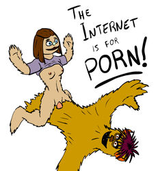 1boy 1girls artist_request avenue_q blue_eyes bottomless breasts brown_fur brown_hair cowgirl_position english_text female furry horns kate_monster male nude penis puppet sex shirt_up small_breasts tagme trekkie_monster vaginal_penetration vaginal_sex