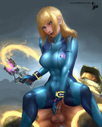 1boy 1girls abs armor blonde_hair blue_eyes bodysuit bracelet breasts clothed_sex crossover female fusrodin gun halo_(series) handjob human john-117 large_breasts long_hair looking_at_viewer male master_chief metroid microsoft nintendo penis reverse_cowgirl_position samus_aran sex skin_tight spartan_(halo) straight testicles text thick_thighs tight_clothes tongue tongue_out vaginal_penetration weapon zero_suit zero_suit_samus