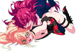 2010s 2boys anal_fingering ass bare_shoulders berg_katse blonde_hair blue_eyes boots canon_crossdressing choker crossdressing femboy fetishist gatchaman gatchaman_crowds gay glasses green_eyes hair_over_eyes high_heels highres human licking light-skinned_male light_skin lolita_fashion long_hair male multiple_males nail_polish ninomiya_rui red_hair sharp_teeth side_ponytail simple_background skirt thigh_strap tongue tongue_out top-down_bottom-up trap very_long_hair white_background yaoi