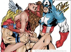 1girls 2000 2boys anal_sex ass ass_grab avengers biceps blonde_hair bottomless brown_hair captain_america captain_america_(series) closed_eyes cowgirl_position doggy_style double_penetration female frank_chavez gloves group_sex hair_on_head helmet human human_only light-skinned_female light-skinned_male light_skin lube male marvel marvel_comics mutant_(marvel) navel open_mouth pecs penis pubic_hair scarlet_witch sex steve_rogers straight testicles thor_(marvel) thor_(series) threesome vaginal_penetration vein wanda_maximoff x-men