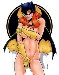 1girls 2005 3:4 barbara_gordon bat_signal batgirl batman_(series) cape covering covering_breasts covering_crotch cowboy_shot dc_comics female female_focus female_only garrett_blair gloves human long_hair_female long_red_hair looking_at_viewer masked masked_female medium_breasts necklace smiling solo spiked_gloves three-quarter_portrait two_tone_cape yellow_gloves