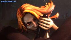 3d animated choker dark-skinned_male dark_skin dota_2 dpmaker fellatio forest freckles hair handjob highres interracial lina looking_at_viewer male oral orange_eyes orange_hair outdoor outdoors penis pov source_filmmaker