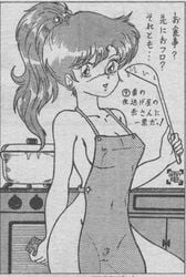 1990s 1992 20th_century apron artist_request bishoujo_senshi_sailor_moon condom condom_wrapper female female_only greyscale holding_condom human indoors japanese_text kitchen looking_at_viewer makoto_kino monochrome naked_apron see-through see-through_clothing signature solo standing straight_hair tagme text translation_request