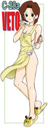 apron bare_shoulders blush breasts brown_eyes brown_hair chidori_tenryou cleavage collarbone cooking dress erect_nipples female full_body happy hips housewife knees ladle legs looking_at_viewer medarot metabee milf naked_apron nipples nopan open_mouth sandals short_hair sideboob slippers smile solo tenryou_chidori