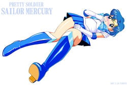 1girls 2007 ami_mizuno bishoujo_senshi_sailor_moon blue_eyes blue_hair boots clothing female female_only human knee_boots pirochi sailor_mercury skirt small_breasts solo tagme