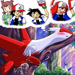 1girls 2boys aroused female g-sun latias latios masturbation object_insertion penetration pokemon pokemon_(species) satoshi_(pokemon)