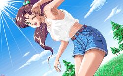 4bpp 90s bishoujo_senshi_sailor_moon clothing denim_shorts dutch_angle erect_nipples erect_nipples_under_clothes female female_only green_eyes hair_bobbles human makoto_kino nipple nipples outdoors outside ponytail rex_(cg_artist) see-through see-through_clothing shorts small_breasts solo summer tank_top tied_hair water wet wink