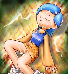 1girls blue_hair bukkake closed_eyes female_only kate_(pop'n_music) miniskirt panty_peek pop'n_music solo tagme