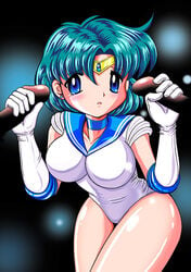 1girls ami_mizuno big_breasts bishoujo_senshi_sailor_moon blue_eyes blush choker circlet clothing double_handjob elbow_gloves female female_focus gloves handjob leotard medium_breasts penis pirochi sailor_mercury teal_hair tears threesome uncensored