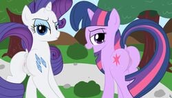 2013 anus ass blue_eyes crotchboobs cutie_mark duo equine female feral friendship_is_magic fur hair horn jakejoke looking_at_viewer looking_back mammal multicolored_hair my_little_pony outside presenting presenting_hindquarters purple_eyes purple_fur purple_hair pussy rarity_(mlp) twilight_sparkle_(mlp) two_tone_hair unicorn white_fur